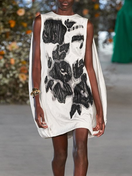 

Elegant Printed Loosen Sleeveless Woven Mini Dress, White, Mini Dresses