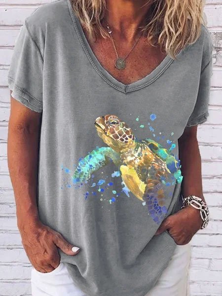 

Vacation Animal V Neck Short Sleeve T-Shirt, Gray, T-Shirts