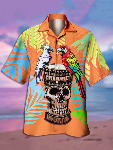 

Men's Printed Casual Short Sleeve Hawaiian Shirt, Orange red, Men's Floral shirt