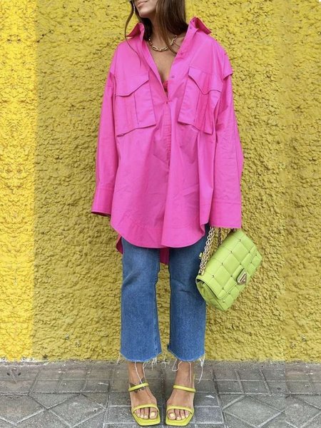 

Shirt Collar Loosen Solid Long Sleeve Blouse, Pink, Blouses and Shirts