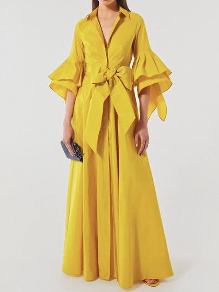 

Summer Lightweight Fit and FlareX Shirt Collar Short Sleeve Woven Daily Dress, Yellow, Midi Dresses