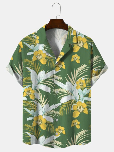 

Cotton And Linen Holiday Leisure Short-sleeved Shirt, As picture, Men's Floral shirt