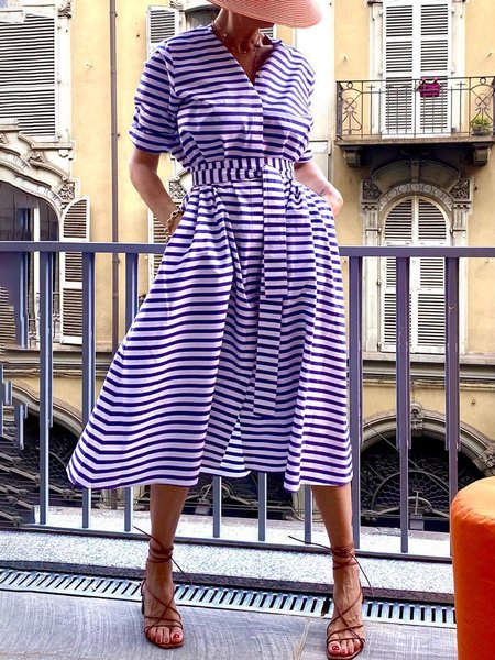 

Short sleeve Striped Striped V Neck Dress, Purple, Midi Dresses