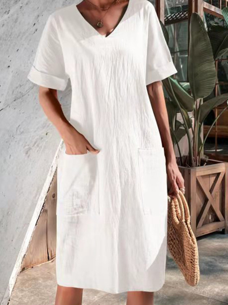 

Summer Short-sleeved V-neck Cotton And Linen Dress, White, Midi Dresses