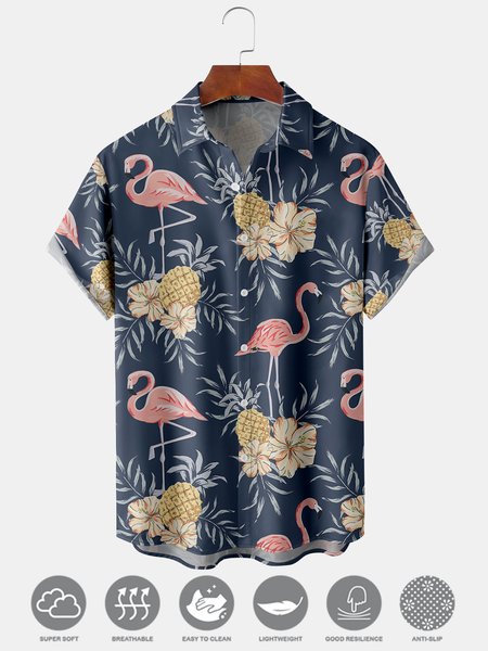 

Men's Flamingo Print Moisture Wicking Fabric Fashion Hawaiian Lapel Short Sleeve Shirt, Blue, Men's Floral shirt