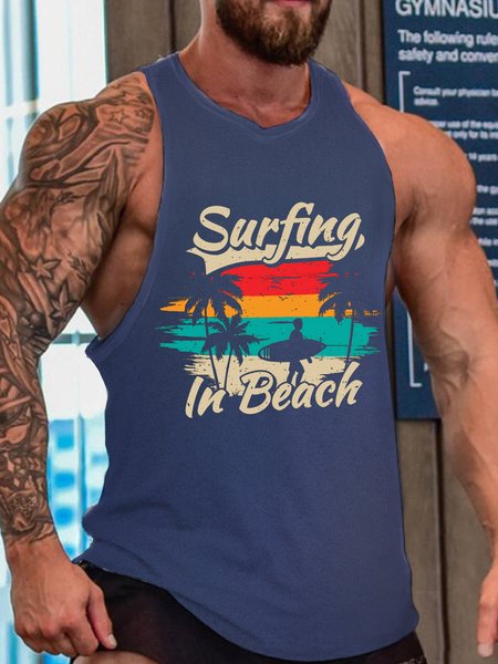 

Vintage Casual Surfing In Beach Crew Neck Top, Blue, Tank Tops