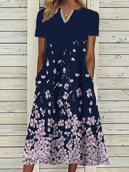 

Casual Floral Printed Short Sleeve Woven Dress, Deep blue, Dresses