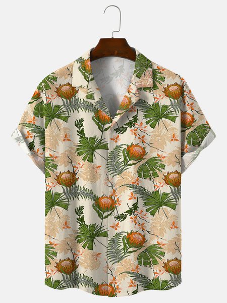 

Cotton And Linen Holiday Leisure Short-sleeved Shirt, As picture, Men's Floral shirt