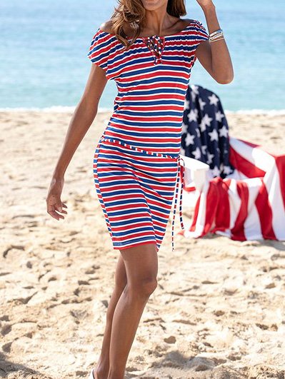 

Crew Neck Regular Fit Striped Short Sleeve Knit Dress, Stripe, Mini Dresses