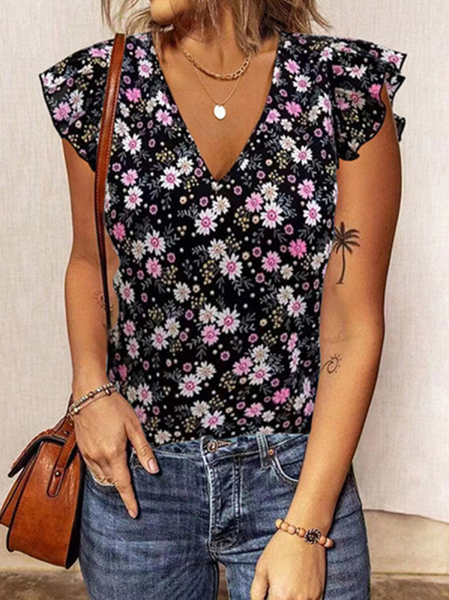 

Casual V Neck Floral Frill Sleeve Woven, Black, Tanks & Camis