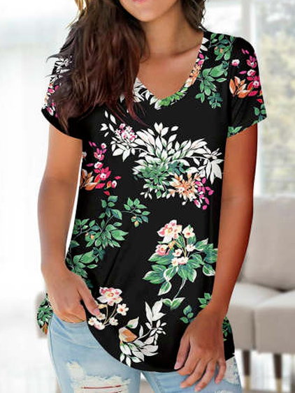 

Floral Casual Short Sleeve Tops, Multicolor, Tunics