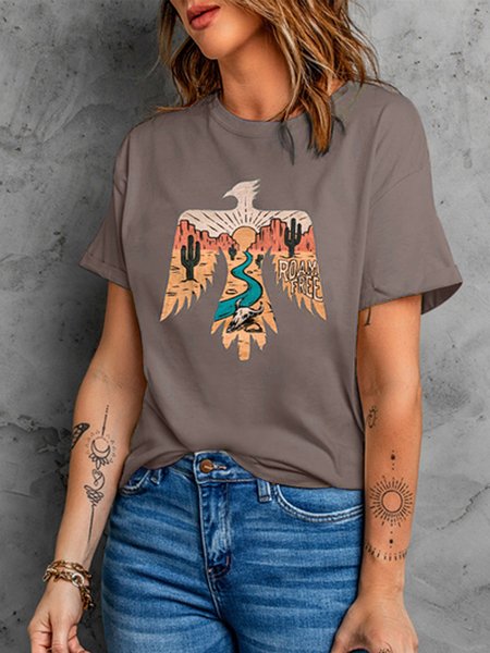 

Crew Neck Animal Casual Short Sleeve T-Shirt, Coffee, Tops