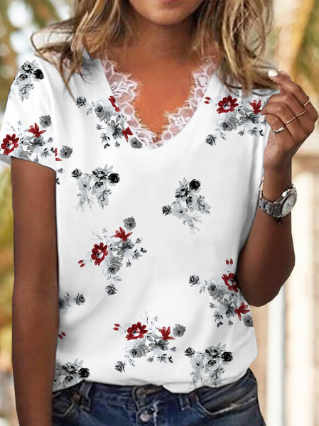 

Floral Casual Short Sleeve T-Shirt, White, T-Shirts