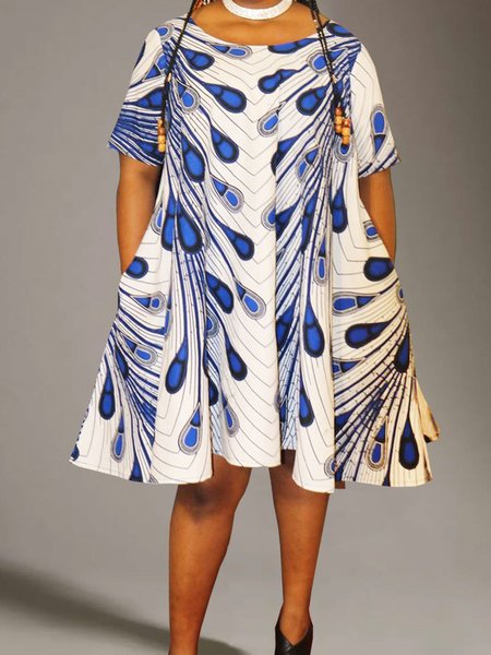 

Vacation Feather Scoop Neckline Short Sleeve Woven Dress, White, Midi Dresses