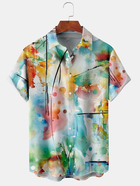 

Color Gradient Graphic Short Sleeve Casual Chest Pocket Men's Shirt, Green, Men's Floral shirt
