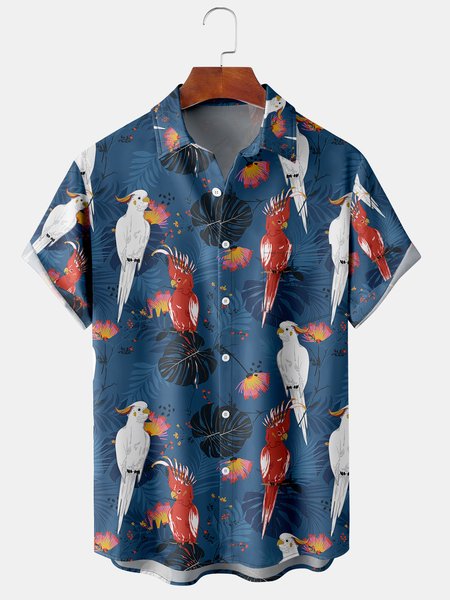 

Parrot Graphic Men's Casual Short Sleeve Chest Pocket Hawaiian Shirt, Deep blue, Men's Floral shirt