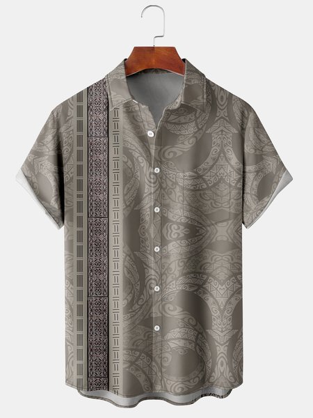 

Retro Ethnic Graphic Short Sleeve Casual Chest Pocket Men's Shirt, Light gray, Men's Floral shirt