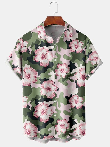 

Hibiscus Camo Graphic Men's Casual Short Sleeve Chest Pocket Shirt, Green, Men's Floral shirt