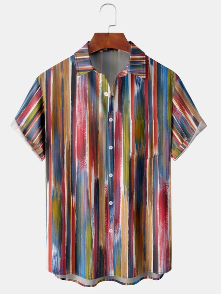 

Colorful Gradient Graphic Men's Casual Short Sleeve Chest Pocket Shirt, Red, Men's Floral shirt