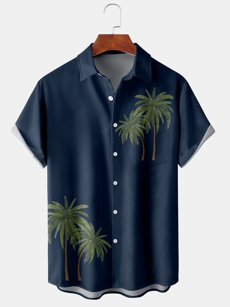 

Holiday Style Hawaiian Series Plant Leaves Coconut Tree Element Pattern Lapel Short-Sleeved Shirt Print Top, Navy blue, Men's Floral shirt