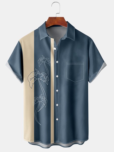 

Resort Hawaiian Striped Geometric Coconut Tree Element Pattern Lapel Short Sleeve Shirt Print Top, Dark blue, Men's Floral shirt
