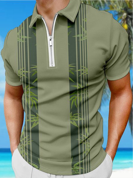 

Resort-Style Hawaiian Botanical Leaf Stripe Geometric Pattern Lapel Short-Sleeved Polo Print Top, Aqua, Men's t-shirts