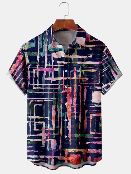 

Geometric Gradient Men's Casual Short Sleeve Chest Pocket Shirt, Navyblue, Men's Floral shirt