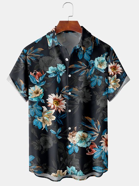 

Vintage Floral Graphic Short Sleeve Casual Chest Pocket Men's Shirt, Black, Men's Floral shirt