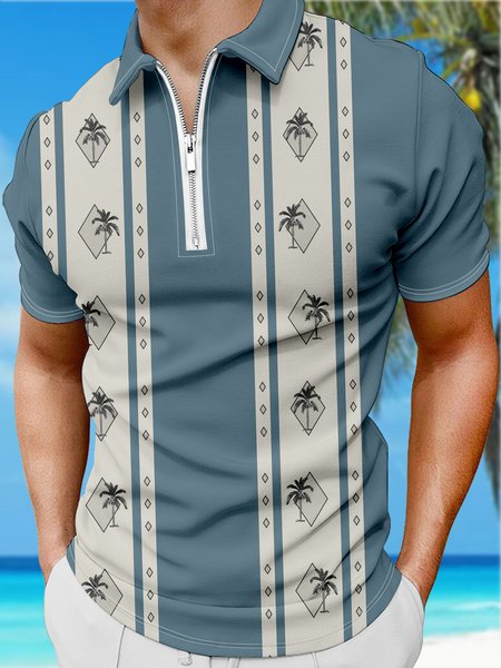 

Resort-Style Hawaiian Botanical Coconut Stripe Geometric Pattern Lapel Short-Sleeved Polo Print Top, Lake blue, Men's t-shirts