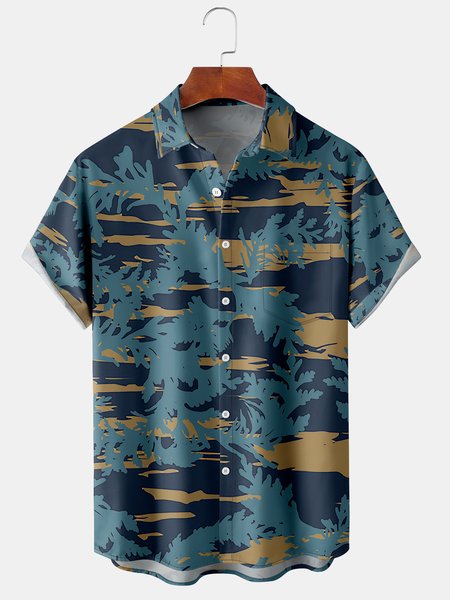

Leaf Camo Graphic Men's Casual Short Sleeve Chest Pocket Shirt, Black, Men's Floral shirt