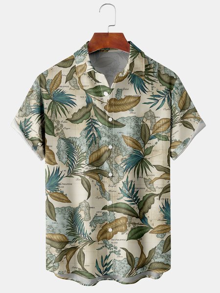 

Tropical Plant Map Graphic Men's Casual Short Sleeve Chest Pocket Shirt, Light khaki, Men's Floral shirt