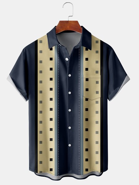 

Casual Art Collection Geometric Stripe Pattern Lapel Short Sleeve Shirt Print Top, Purplish blue, Men's Floral shirt