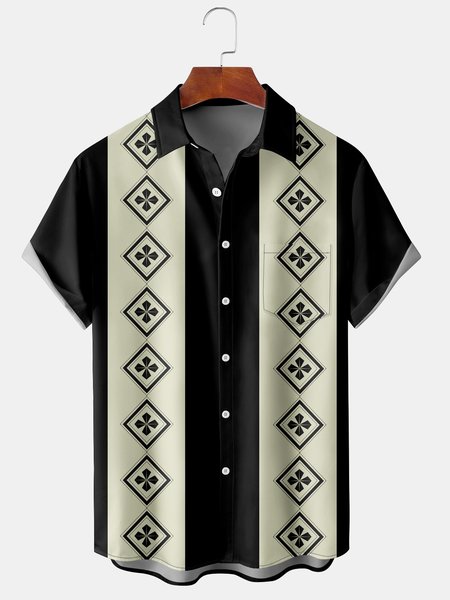 

Casual Art Collection Geometric Stripe Pattern Lapel Short Sleeve Shirt Print Top, Black, Men's Floral shirt