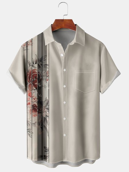 

Vintage Floral Graphic Short Sleeve Casual Chest Pocket Men's Shirt, Light gray, Men's Floral shirt