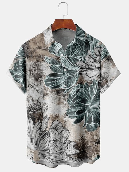 

Floral Graphic Men's Casual Short Sleeve Chest Pocket Shirt, Green, Men's Floral shirt