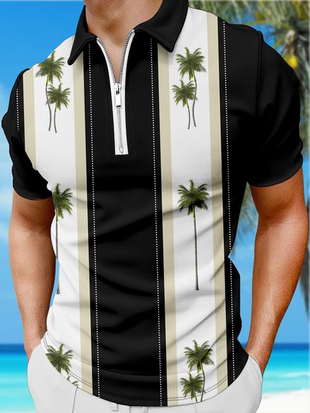 

Resort-Style Hawaiian Botanical Coconut Stripe Geometric Pattern Lapel Short-Sleeved Polo Print Top, Black, Men's t-shirts