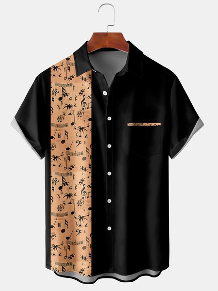 

Casual Style Music Series Geometric Stripes Yinfu Element Pattern Lapel Short-Sleeved Shirt Print Top, Black, Men's Floral shirt
