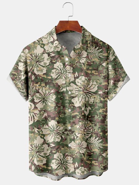

Hibiscus Camo Graphic Men's Casual Short Sleeve Chest Pocket Shirt, Army green, Men's Floral shirt