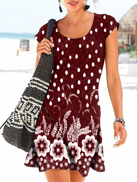 

Floral Regular Fit Casual Short Sleeve Knit Dress, Wine red, Dresses