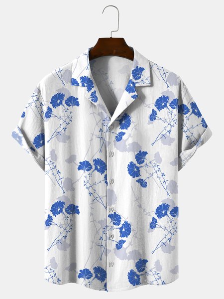 

Cotton And Linen Holiday Leisure Short-sleeved Shirt, White, Men's Floral shirt