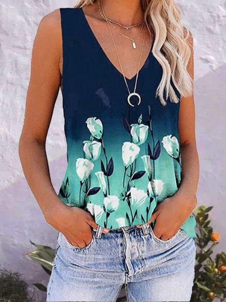 

V Neck Floral Loosen Tanks & Camis, Blue, Tanks & Camis
