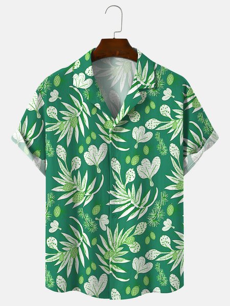 

Cotton And Linen Holiday Leisure Short-sleeved Shirt, Green, Men's Floral shirt