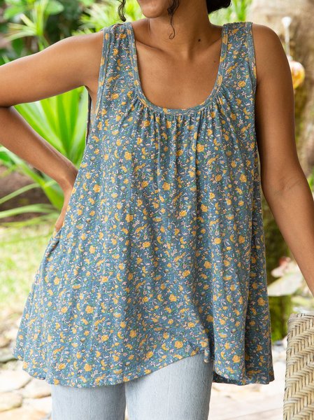 

Casual Small Floral Design U-Neck Loose Tanks & Camis, Green, Tanks & Camis