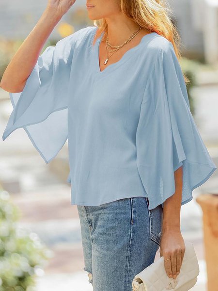 

Casual Vacation Kimono-Sleeve V-Neck Loose Tops, Blue, Blouses & Shirts