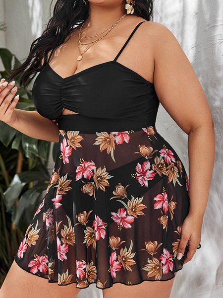 

JFN Sexy Mesh Floral Skirt Cover Belly Slim Split Tankini Plus Size, As picture, swimwear>>Tankinis