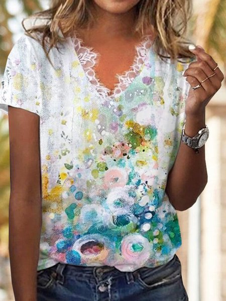 

Guipure Floral Printed Casual Short Sleeve T-Shirt, Multicolor, T-Shirts