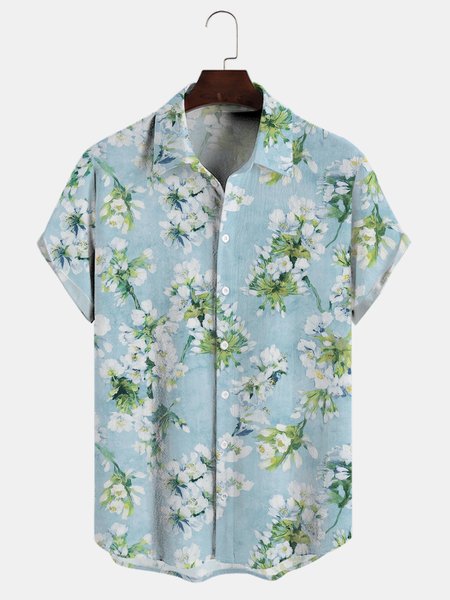 

Floral Cotton Blends Lapel Casual Shirts, Blue, Shirts ＆ Blouse