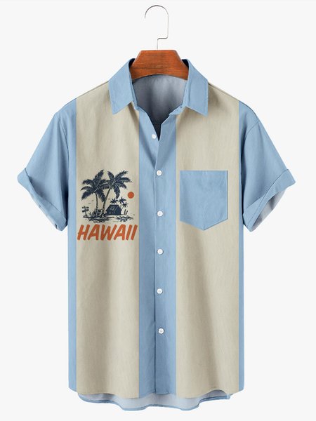 

Cotton And Linen Holiday Leisure Short-sleeved Shirt, Light blue, Men's Floral shirt