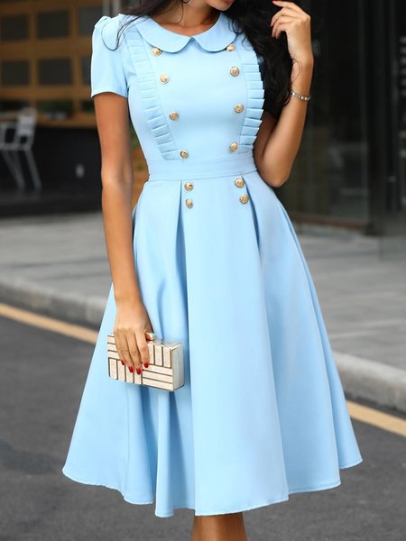 

Solid Elegant Short Sleeve Lapel Buttoned Dress, Blue, Midi Dresses