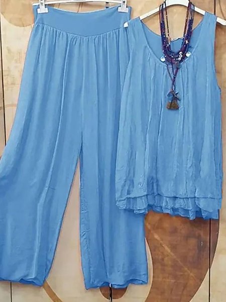 

V Neck Casual Loosen Two Piece Sets, Blue, Suit Set